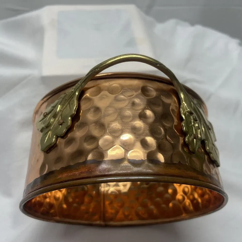 Hammered Copper Casserole Candle Ring Holder Brass Leaves 6.5